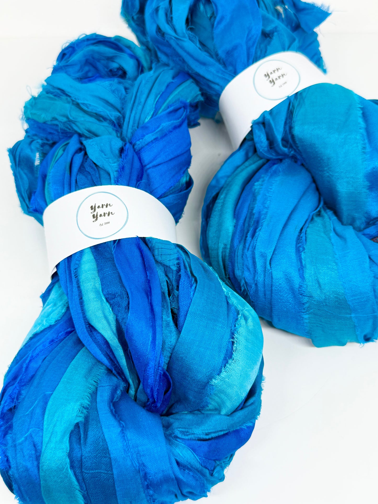 Sari Silk Ribbon Yarn in Turquoise Blue for Fibre Arts and Crafts. Ethical Ribbon Yarn.