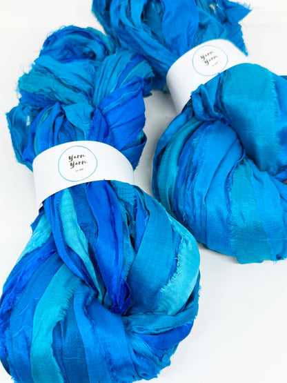 Sari Silk Ribbon Yarn in Turquoise Blue for Fibre Arts and Crafts. Ethical Ribbon Yarn.
