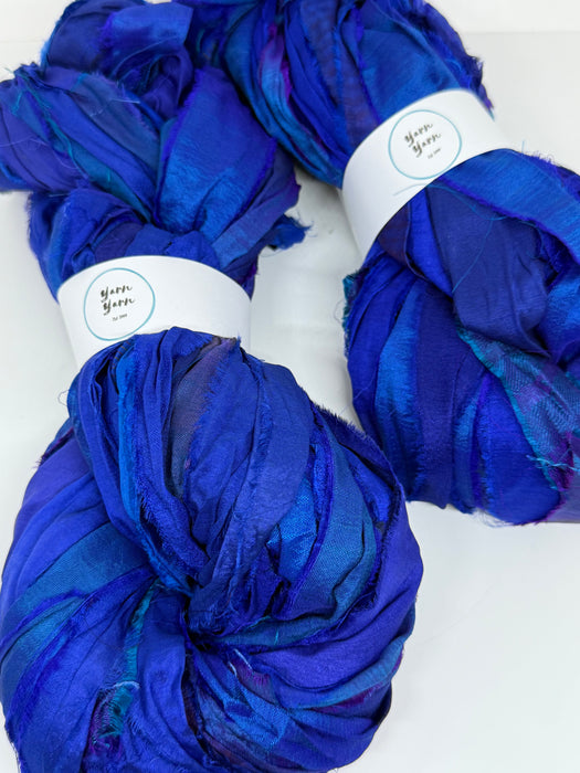 Sari silk ribbon yarn, wide strips, royal blue.