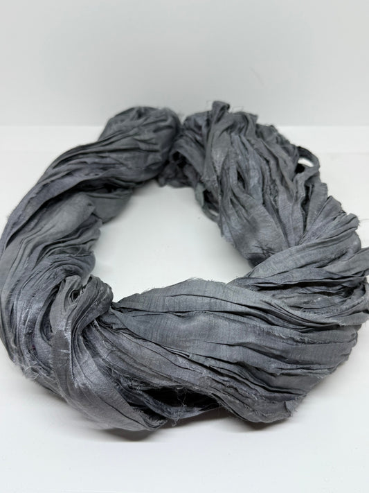 Sari silk ribbon yarn. Slate grey. Craft ribbon.