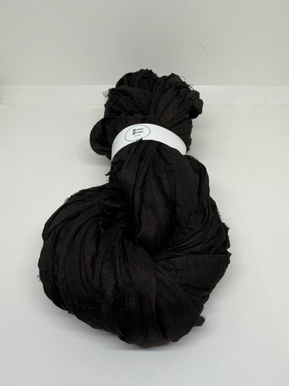 Sari silk ribbon, black handmade ribbon for fibre arts.