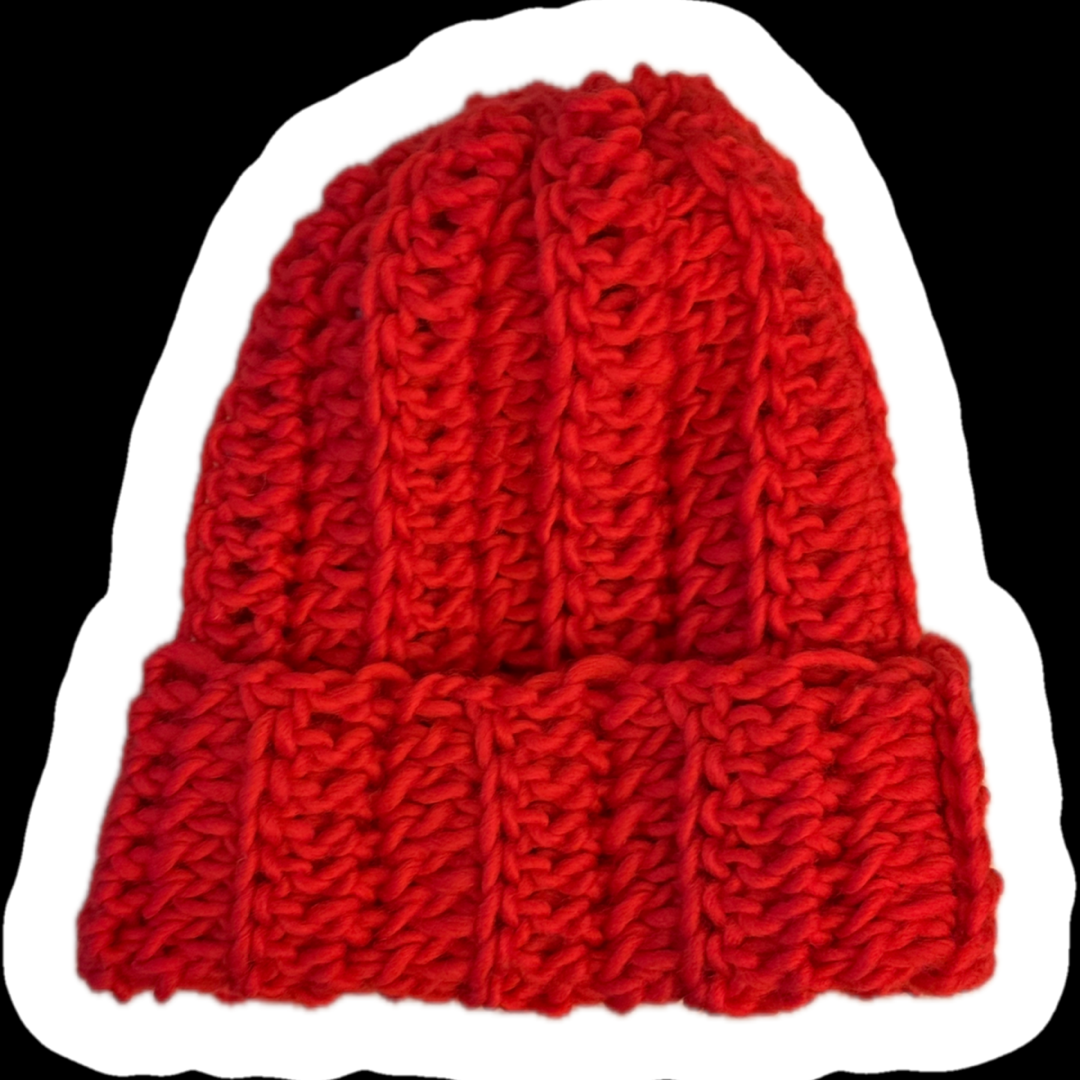 Crochet beanie in red Norwegian wool.