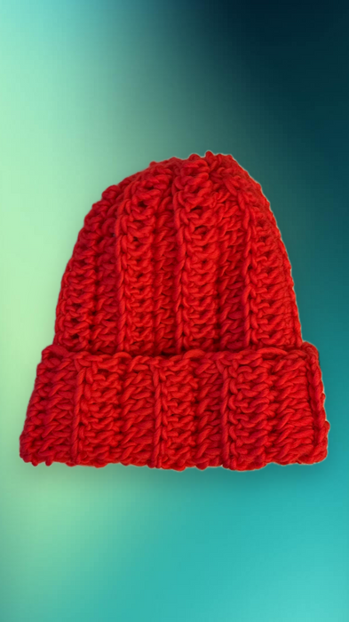 Crochet beanie in red Norwegian wool.