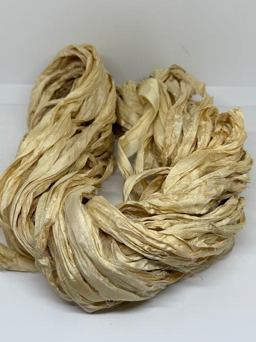 Sari Silk Ribbon Yarn – Blonde. Fibre art yarn.