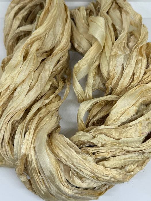 Sari Silk Ribbon Yarn – Blonde. Fibre art yarn.