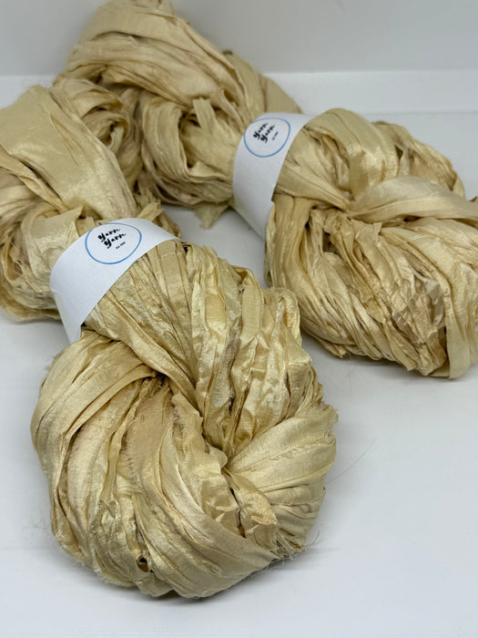 Sari Silk Ribbon Yarn – Blonde. Fibre art yarn.