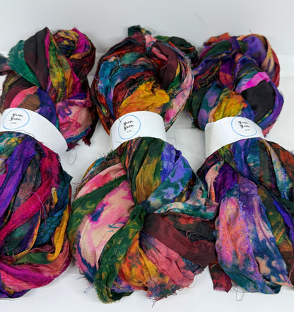 Sari Silk Ribbon – pure sar silk tie dyed for weaving, crochet and fibre art.
