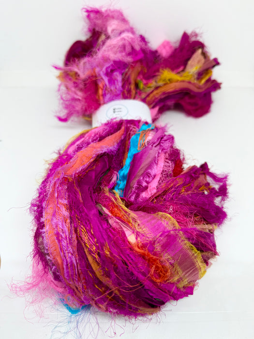 Sari silk ribbon, eyelash textured ribbon yarn. Pixie Pink.
