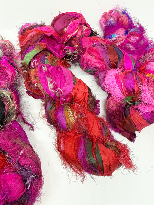 Sari silk ribbon, eyelash textured ribbon yarn. Pixie Pink.