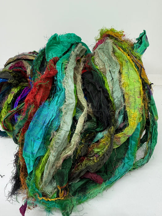 Sari silk ribbon, eyelash textured ribbon yarn. Wild Green.