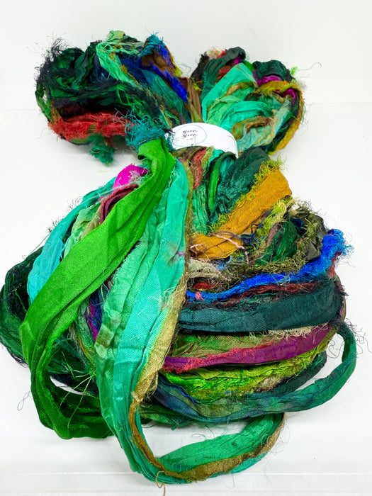 Sari silk ribbon, eyelash textured ribbon yarn. Wild Green.