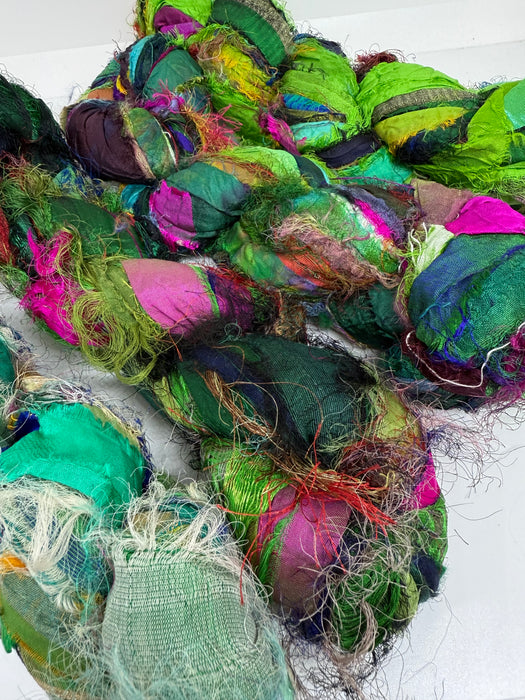 Sari silk ribbon, eyelash textured ribbon yarn. Wild Green.