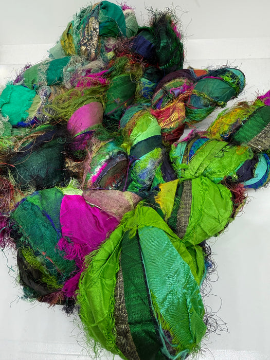 Sari silk ribbon, eyelash textured ribbon yarn. Wild Green.