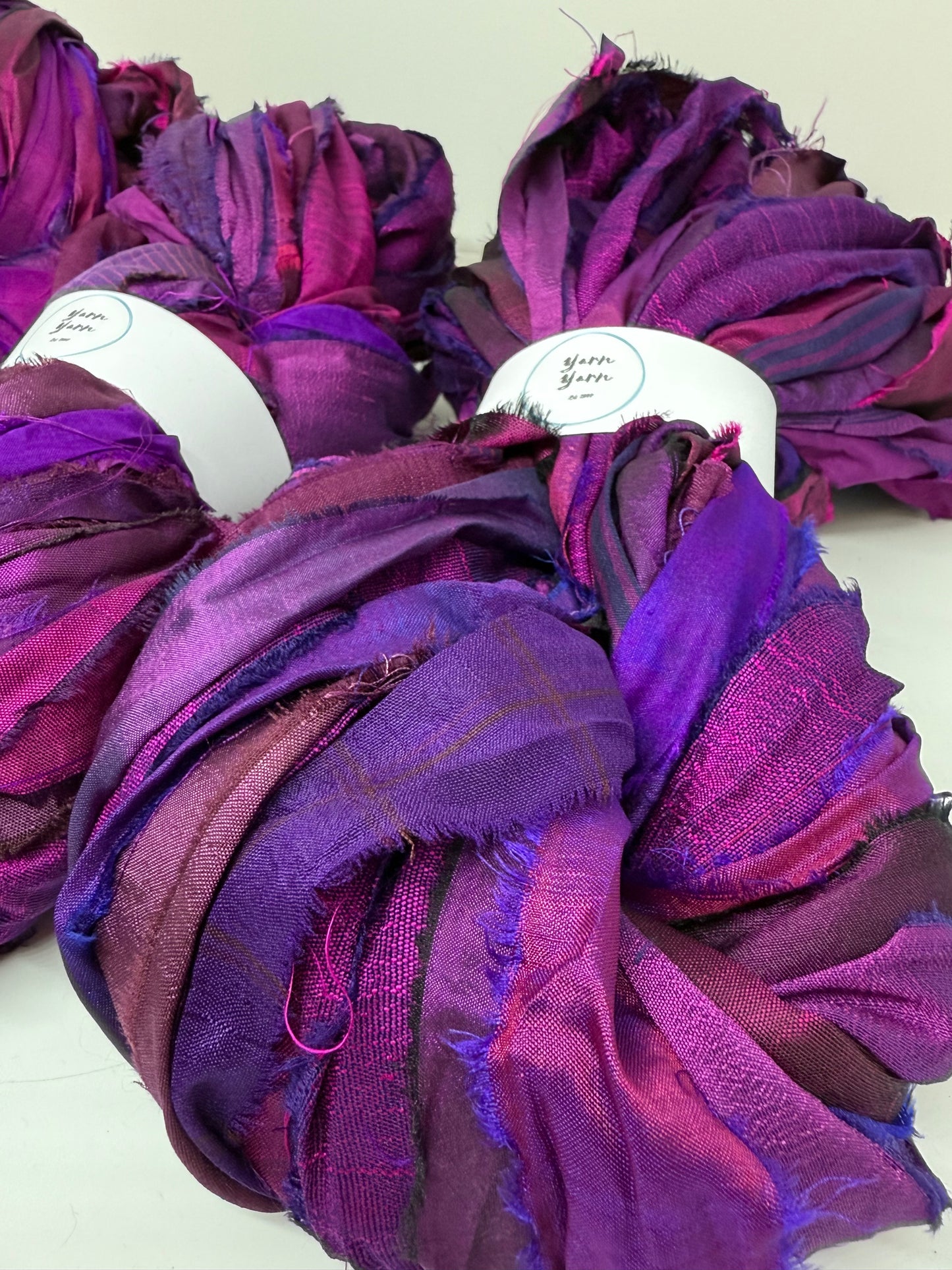 Sari Silk ribbon yarn, magenta, weaving and fibre art supplies.