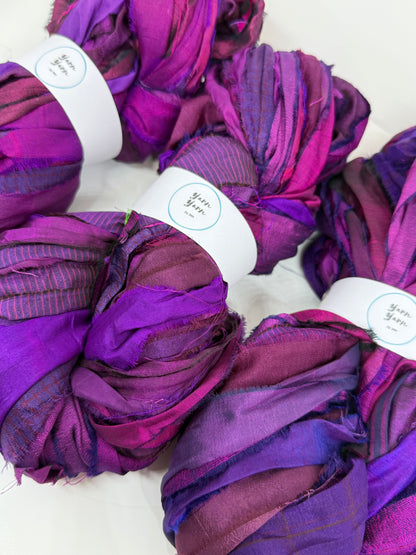Sari Silk ribbon yarn, magenta, weaving and fibre art supplies.