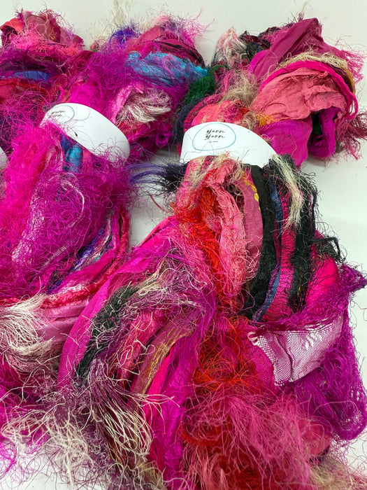 Sari silk ribbon, eyelash textured ribbon yarn. Pixie Pink.