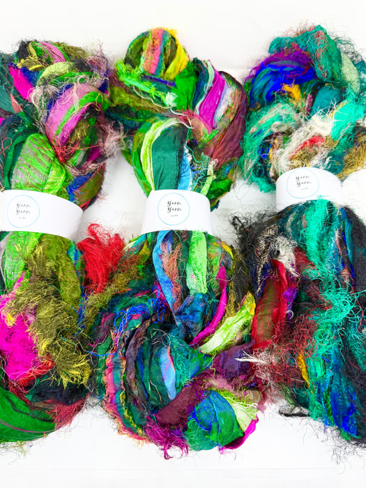 Sari silk ribbon, eyelash textured ribbon yarn. Wild Green.