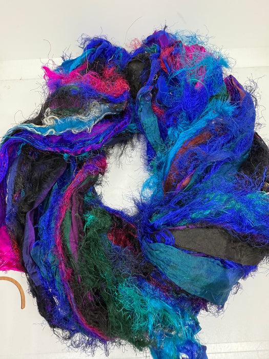 Sari silk ribbon, eyelash textured ribbon yarn. Blue Horizon