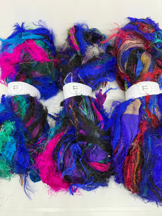 Sari silk ribbon, eyelash textured ribbon yarn. Blue Horizon