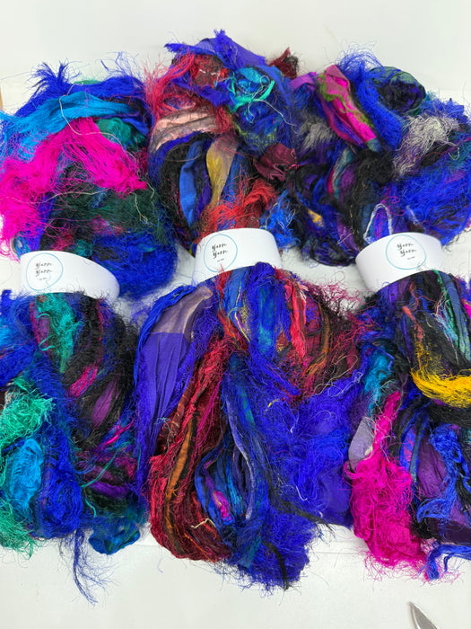 Sari silk ribbon, eyelash textured ribbon yarn. Blue Horizon