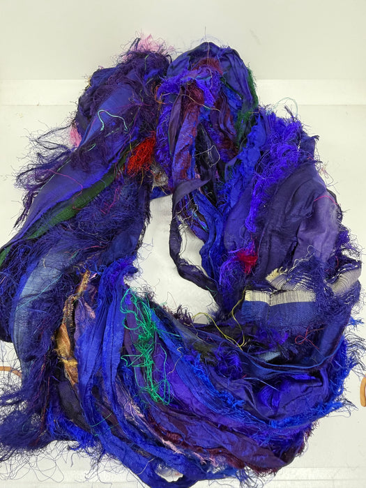 Sari silk ribbon, eyelash textured ribbon yarn. Blue Horizon