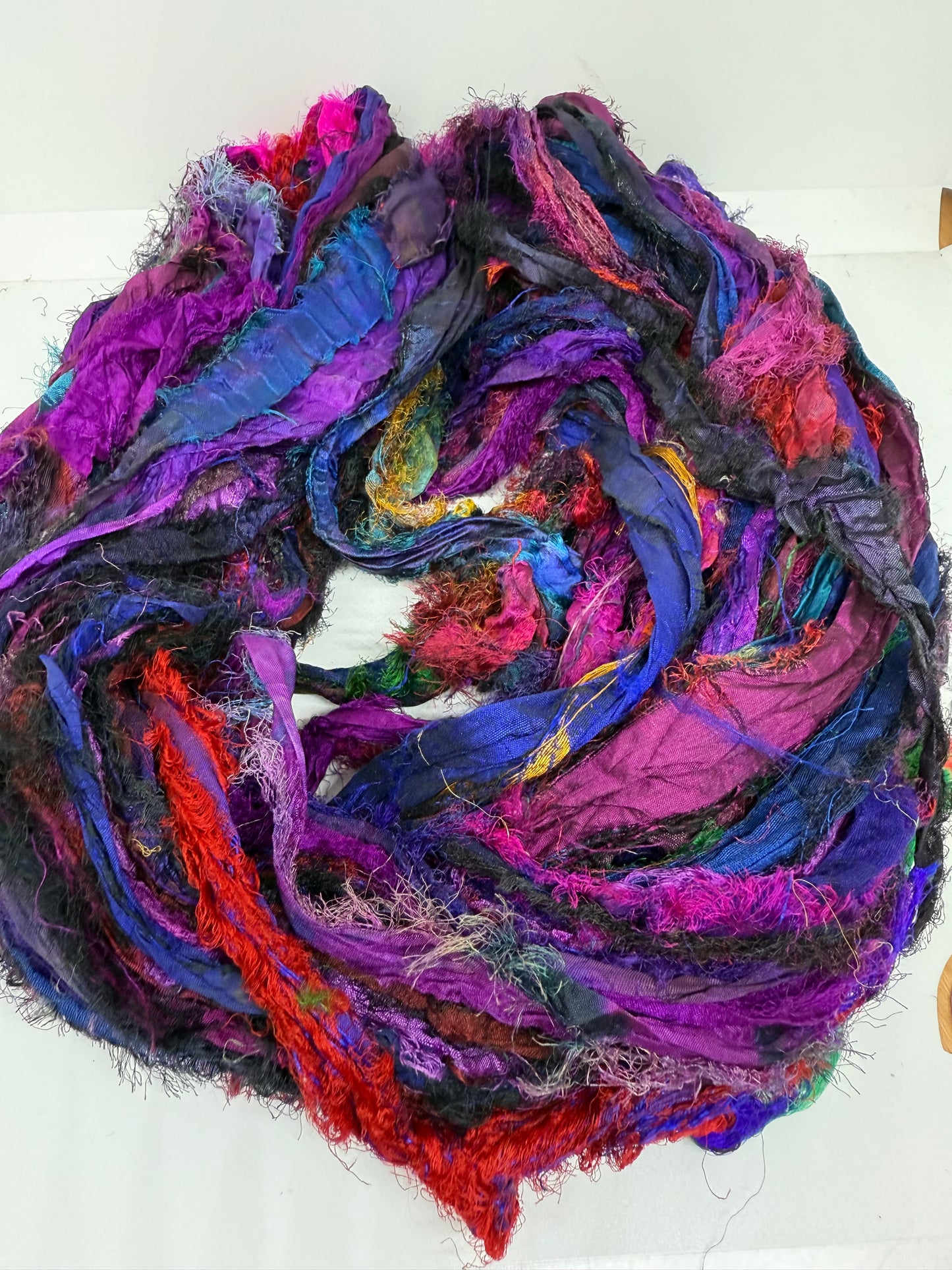 Sari silk ribbon, eyelash textured ribbon yarn. Purple Orchid.