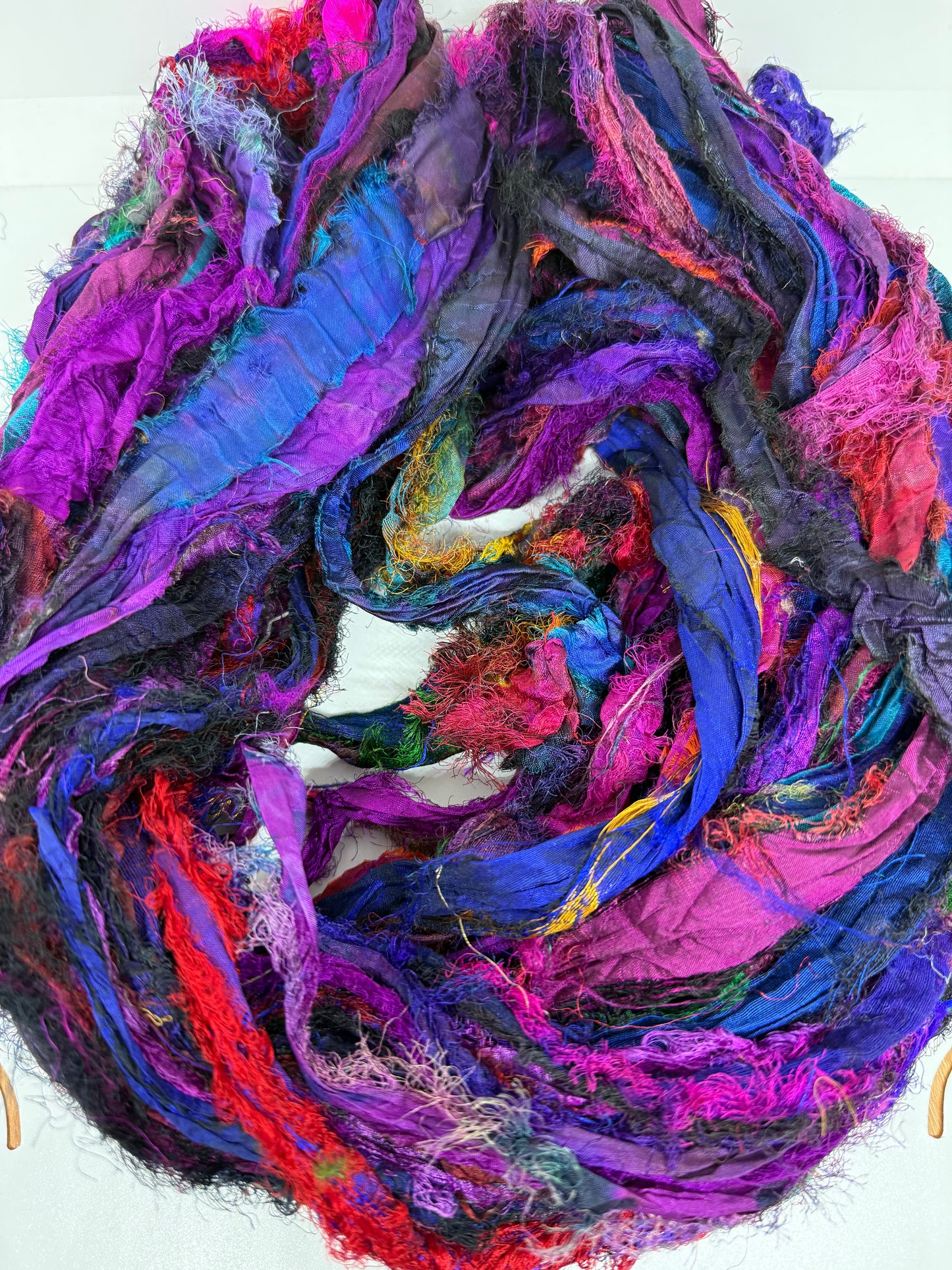 Sari silk ribbon, eyelash textured ribbon yarn. Purple Orchid.