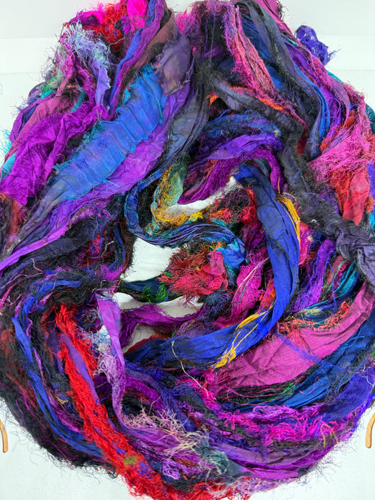 Sari silk ribbon, eyelash textured ribbon yarn. Purple Orchid.