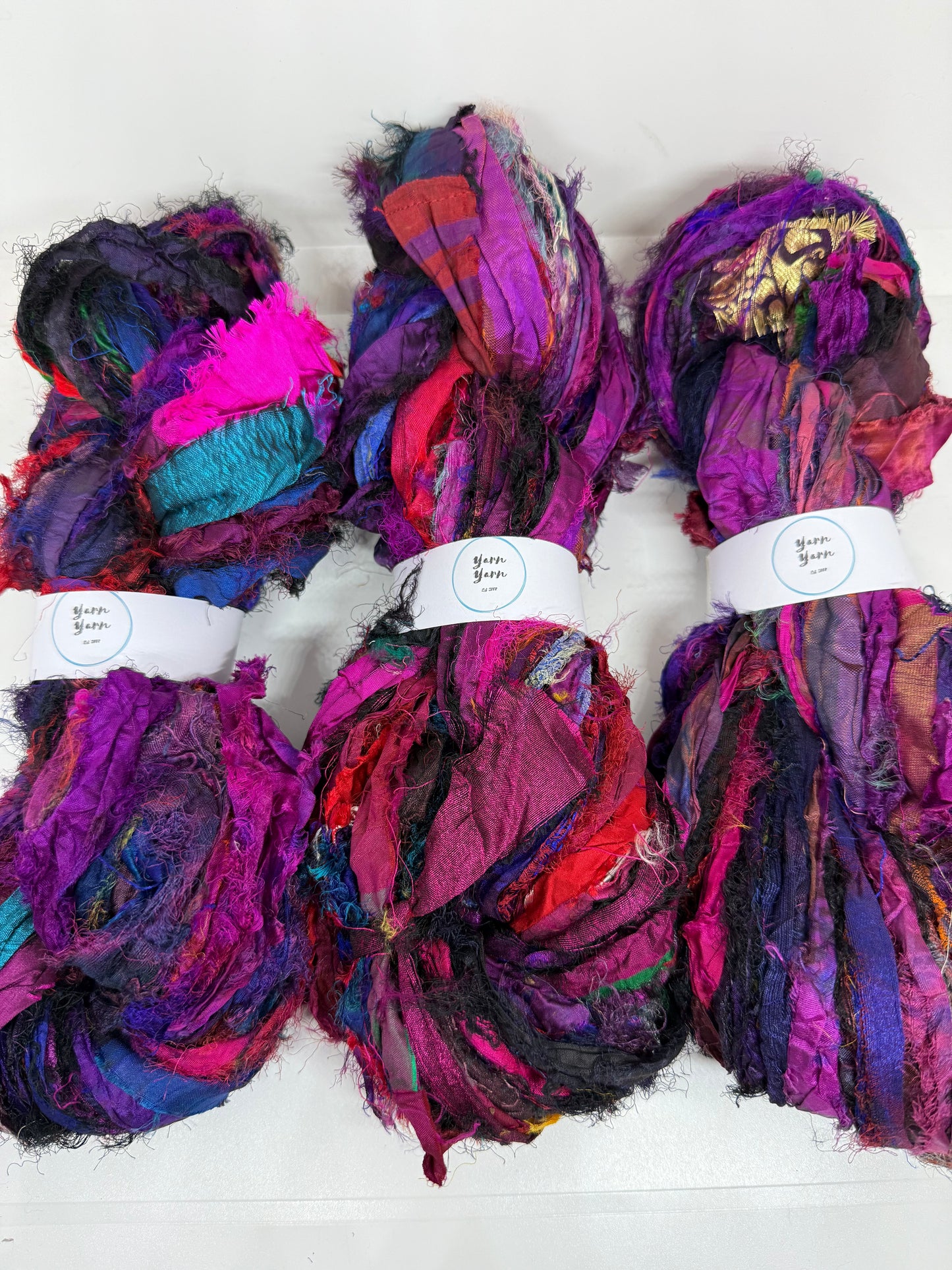Sari silk ribbon, eyelash textured ribbon yarn. Purple Orchid.