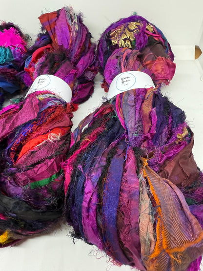 Sari silk ribbon, eyelash textured ribbon yarn. Purple Orchid.