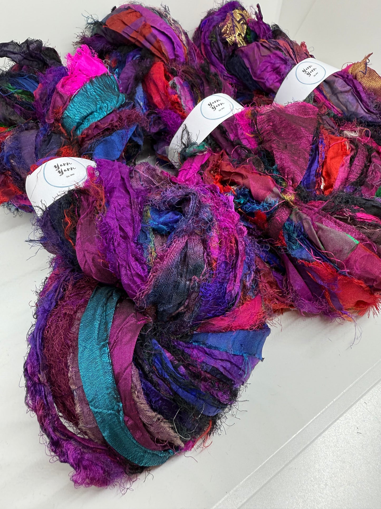 Sari silk ribbon, eyelash textured ribbon yarn. Purple Orchid.