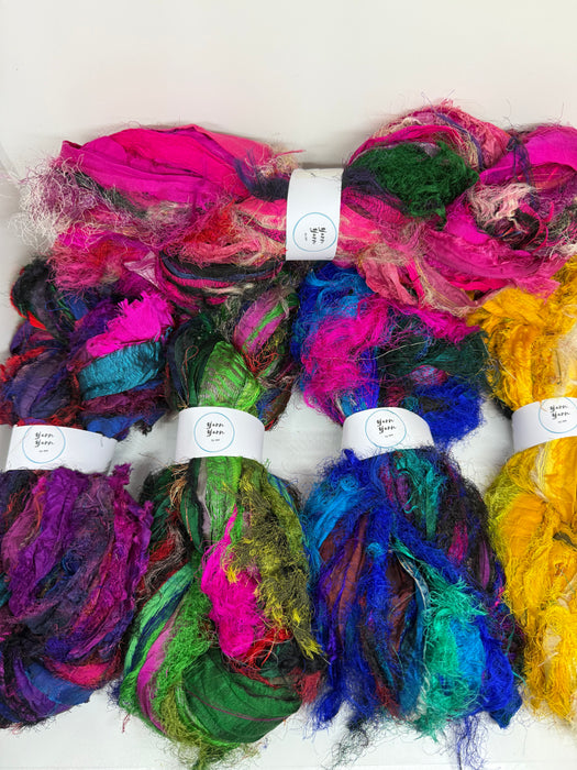 Sari silk ribbon x 5. Eyelash textured ribbon yarn.