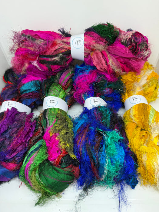 Sari silk ribbon x 5. Eyelash textured ribbon yarn.