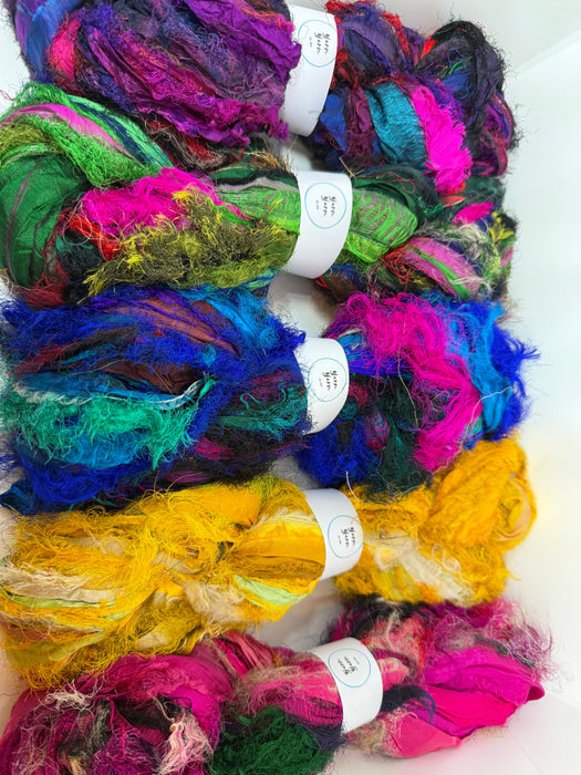 Sari silk ribbon x 5. Eyelash textured ribbon yarn.