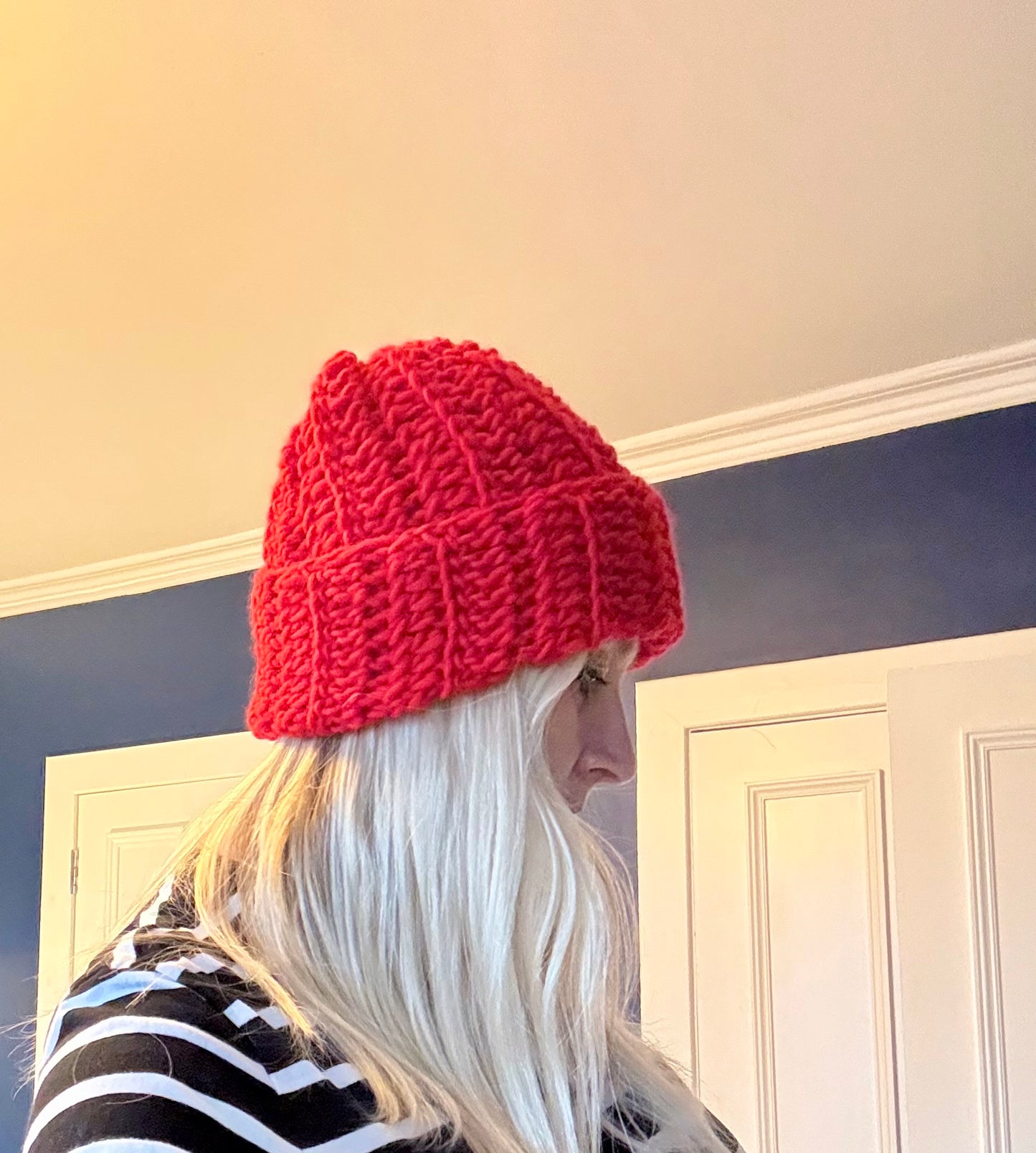 Crochet beanie in red Norwegian wool.