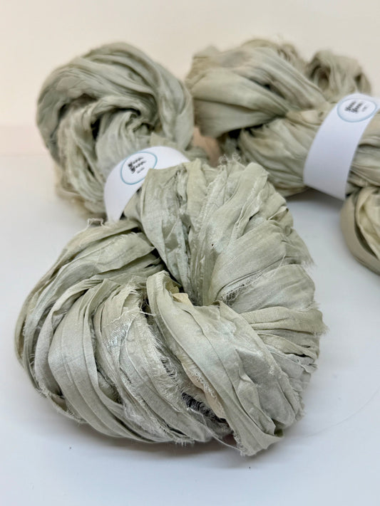 Sari silk ribbon, wide strips, ice grey.