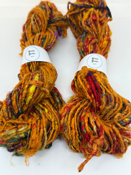 Banana yarn, burnt orange, vegan friendly yarn.