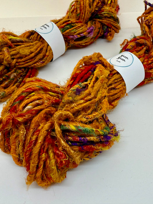 Banana yarn, burnt orange, vegan friendly yarn.