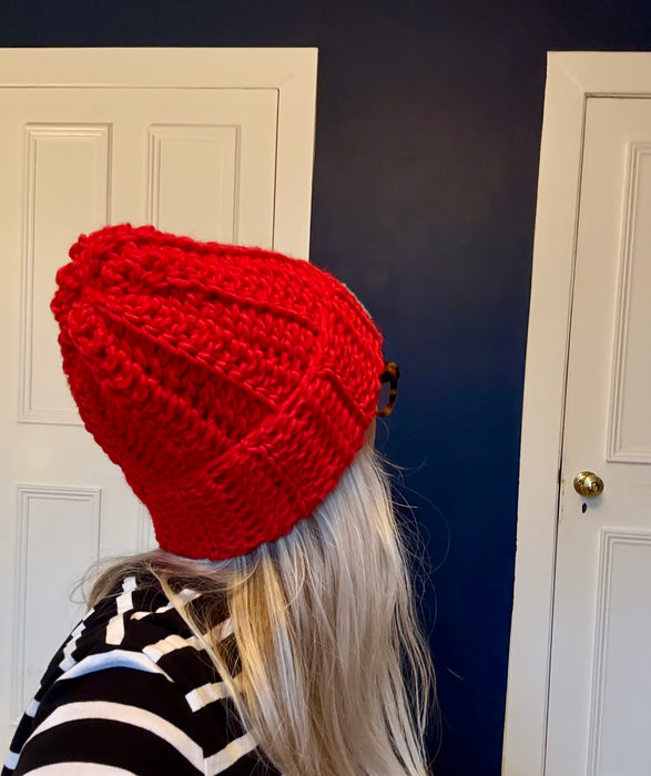Crochet beanie in red Norwegian wool.