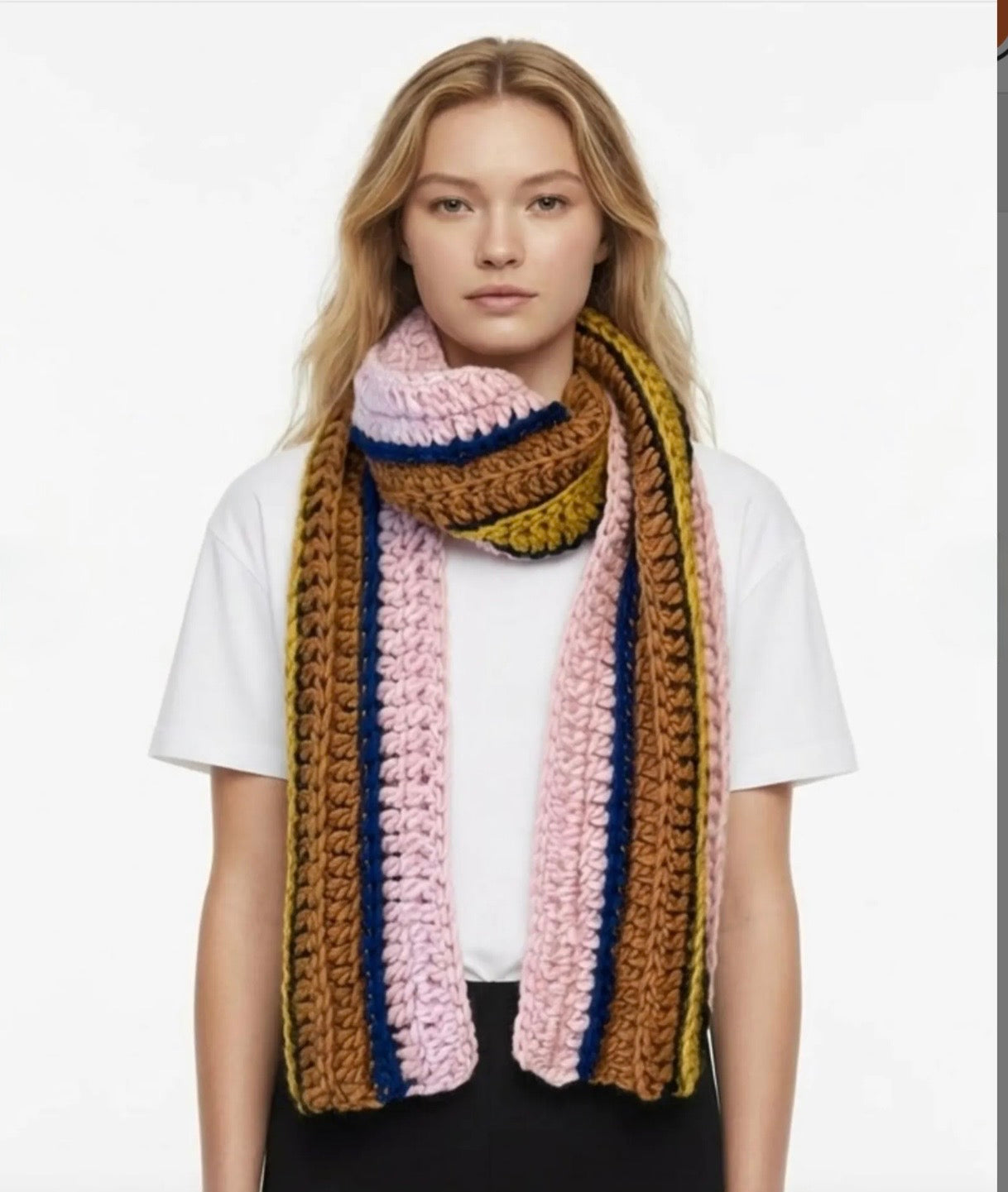 Crochet Norwegian wool scarf in ribbed long vertical lines.