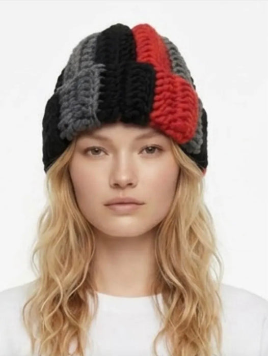 Crochet Beannie in red, black and grey Norwegian wool.