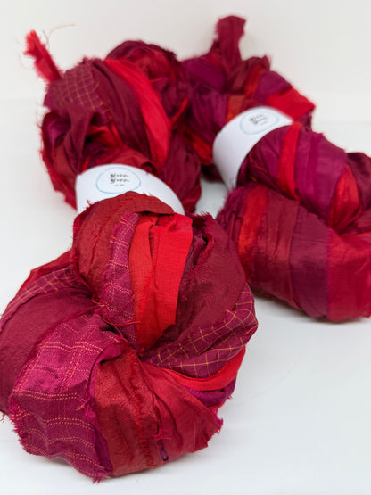 Sari Silk Ribbon Yarn In Mixed Reds For Fibre Art And Contemporary Crafting