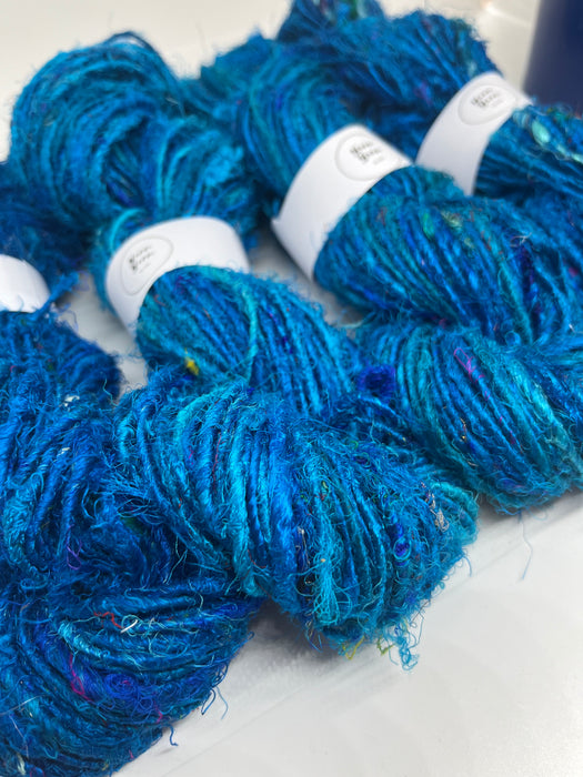 Sari silk yarn, Odisha Blue. Sustainable waste silk.