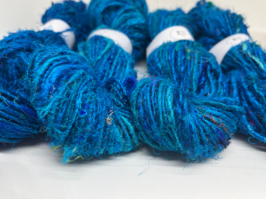 Sari silk yarn, Odisha Blue. Sustainable waste silk.