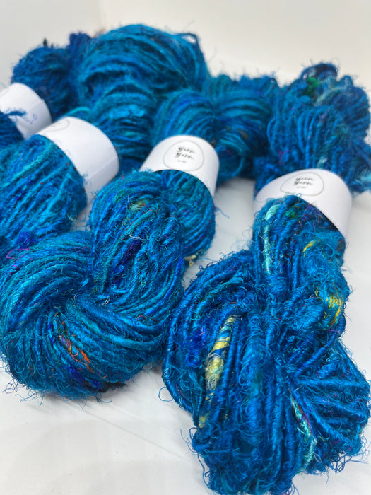 Sari silk yarn, Odisha Blue. Sustainable waste silk.