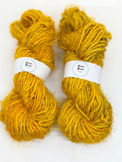 Sari silk yarn, recycled silk fibres from sari mills. Weaving, crochet and knitting crafts.
