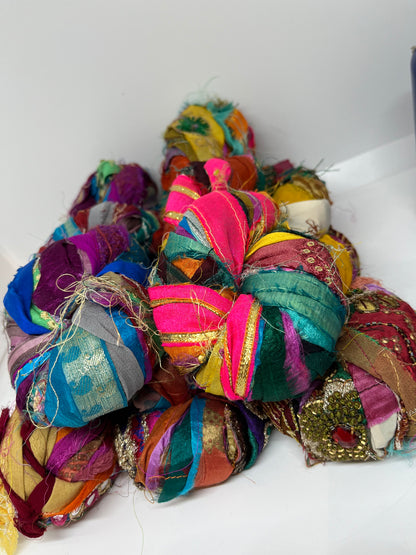 Embellished sari ribbon, texture, recycled and colourful