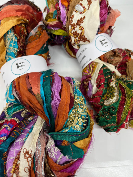 Embellished sari ribbon, texture, recycled and colourful