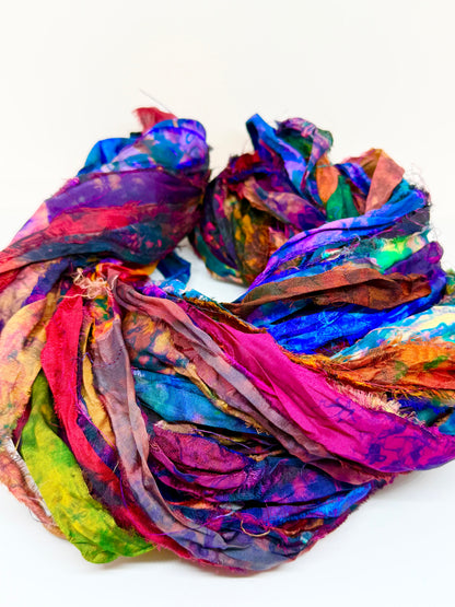 Sari Silk Ribbon – pure sar silk tie dyed for weaving, crochet and fibre art.