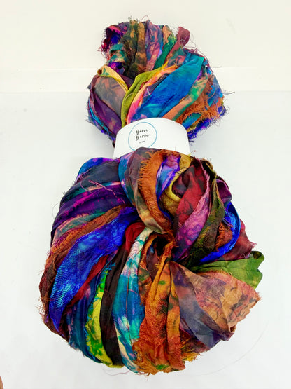 Sari Silk Ribbon – pure sar silk tie dyed for weaving, crochet and fibre art.